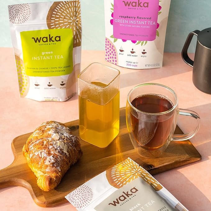 Waka Instant Tea Mix, 3 Bag Bundle - 100% Tea Leaves, No Additives, Unsweetened Tea Powders - Kenyan Black, Classic Green, Raspberry Flavored Green (4.5oz Each)