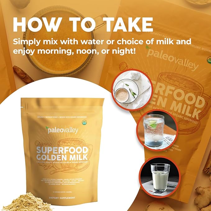 Paleovalley Organic Superfood Golden Milk - Immune, Focus, Cognitive, Longevity - Turmeric, MCT-Rich Coconut Milk, Functional Mushrooms, 28 Servings
