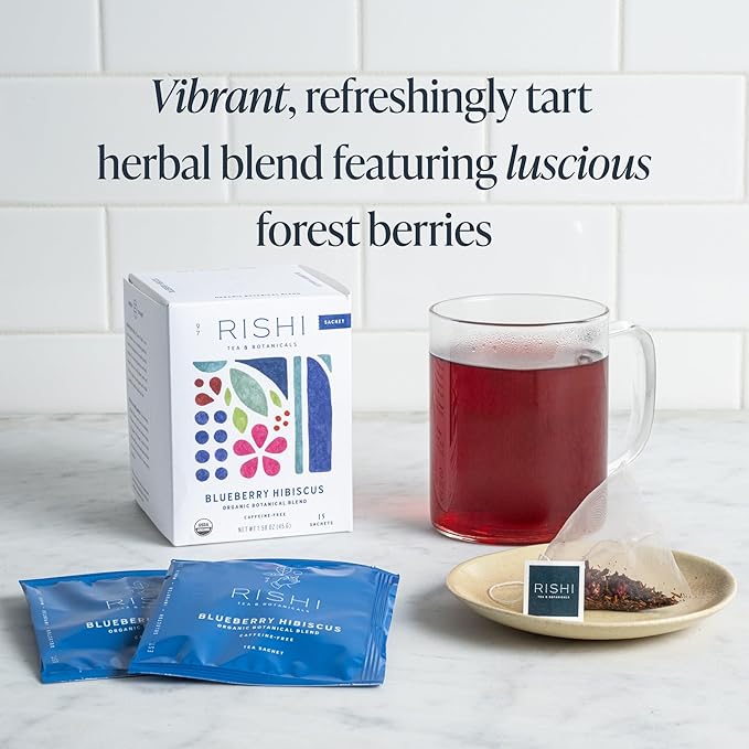 Rishi Tea Blueberry Hibiscus Herbal Tea - Organic, Caffeine Free Sachet Bags, Sweet & Tangy with Antioxidants, Enjoy Hot or Iced - 15 Count (Pack of 1)