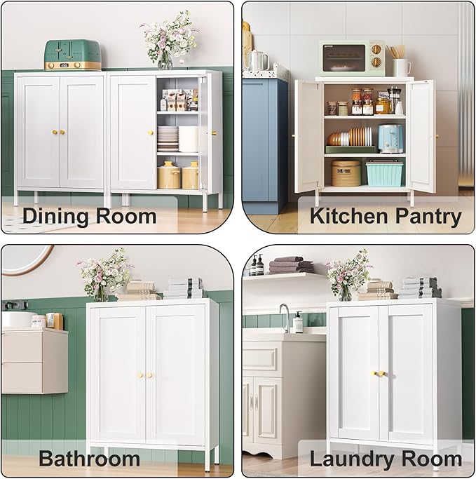 Bathroom Storage Cabinet, Metal Sideboard Cabinet, White Bathroom Floor Cabinets with 2 Doors and Adjustable Shelves for Kitchen, Living Room, Entryway,Office (White, 31.5" H)