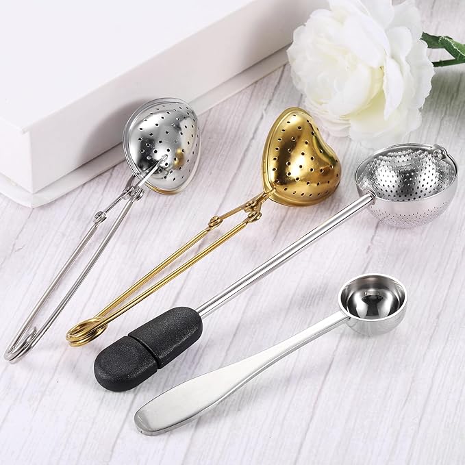 uxcell 2 Pcs Snap Tea Ball Infuser with Handle, Loose Tea Steeper, Stainless Steel Tea Strainer for Brew Loose Leaf Tea, Gold