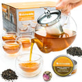 Glass Teapot Set with 4 Double Wall Teacups & Removable Stainless Steel Infuser - Microwave Dishwasher Safe Clear Blooming Loose Leaf Teas, Tea Maker Gift