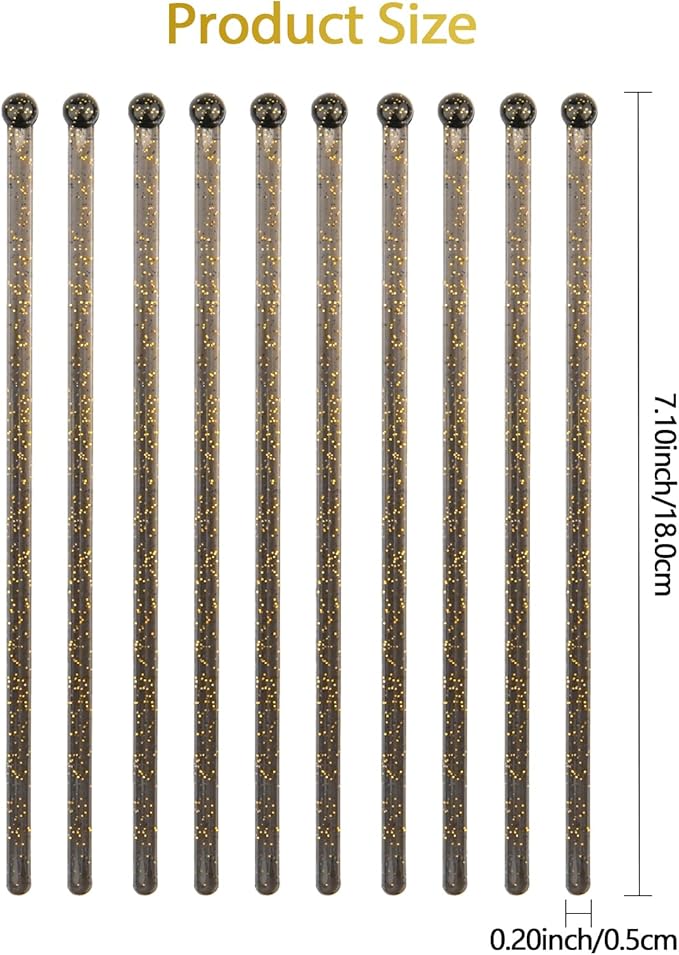 50 PCS Black Gold Glitter Plastic Swizzle Sticks, Crystal Cake Pops, Cocktail Coffee Drink Stirrers, Lolipop Stick for Christmas New Year Party, 7.10 Inch