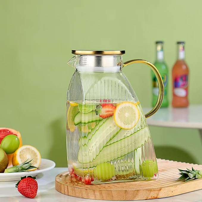 Glass Pitcher with Lid 1.8L, Borosilicate Glass Water Jug for Refrigerator Door, Hot & Cold Beverages, Leak-Proof Stainless Steel Lid with 2 Filter Holes for Iced Tea, Juice, Coffee, Milk