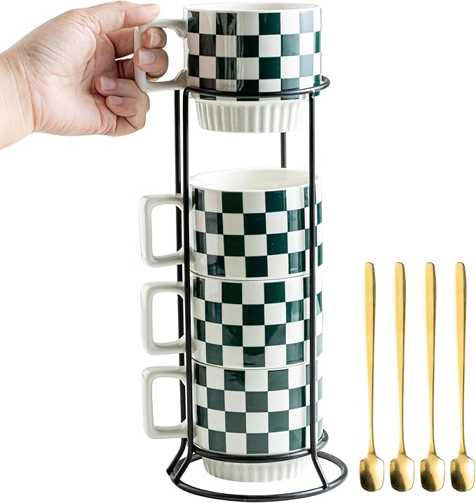 Stackable Coffee Mugs with Stand, Checkered Coffee Mug Set of 4, 11oz Espresso Cups for Beverages, Stacked Mug Set with Spoons for Christmas Housewarming Birthday Gift, Dishwasher Safe