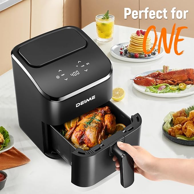 DEIME Air Fryer, Small Digital 2.8 Qt Airfryer Space Saving Compact, Bake, Reheat, Roasts for Quick Easy Meals, Mini Compact & Quiet, Nonstick & Dishwasher Safe Basket (Black)