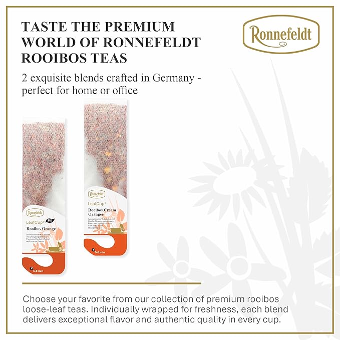 Ronnefeldt LeafCup Rooibos Cream Orange Chai – Naturally Caffeine-Free Red Herbal Tea with Sweet Orange Peel & Vanilla – 15 Individually Wrapped Loose Leaf Tea Bags – Packed in Germany