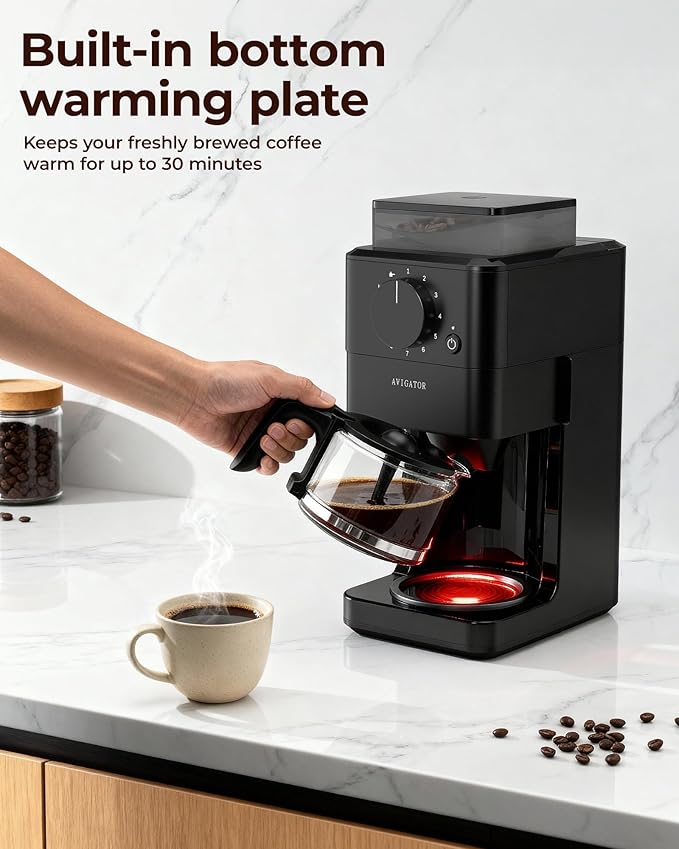 10 Cup Coffee Maker with Grinder Built in, Automatic Grind and Brew Coffee Machine with Glass carafe, Reusable Filter, Auto shut off, Warming plate, for Home Offices or Large Families, Black