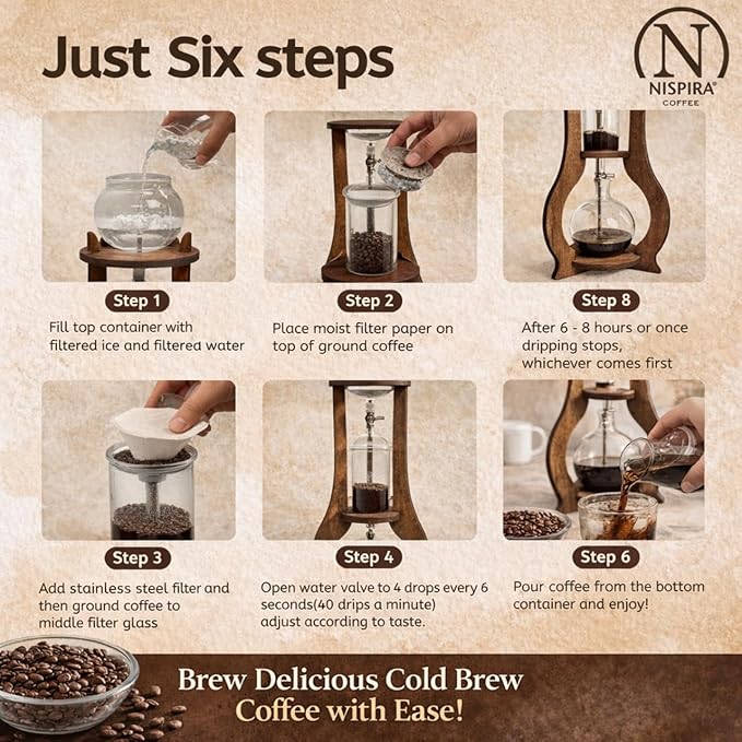 Nispira Iced Coffee Cold Brew Drip Tower Coffee Maker, 6–8 Cup Manual Cold Brew Brewer with Adjustable Valve, Wooden Frame & Glassware, Slow Cold Extraction System