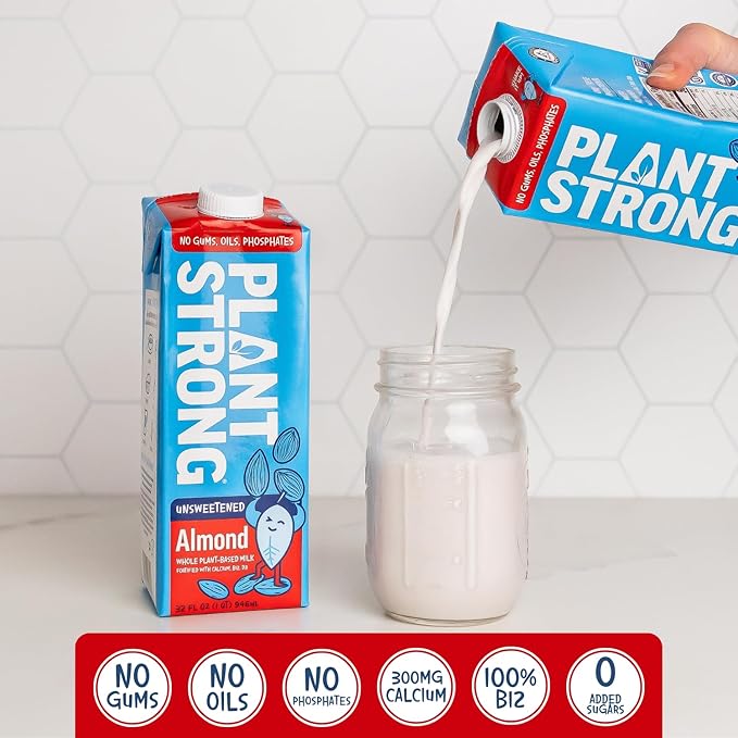 PLANTSTRONG Almond Milk Unsweetened 32oz (6 Pack) and Recipe Guide - NON-GMO - Plant Based, Vegan - Gluten Free Dairy Free - Shelf Stable - Lactose Free Milk - No Gums or Oils
