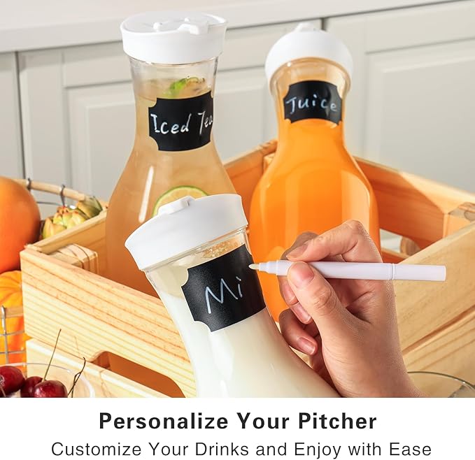 Water Carafe with Lid, 50 Oz Round Plastic Pitcher for Drinks, Milk, Mimosa Bar Supplies, Iced Tea, Juice Containers with Lids for Fridge, BPA-Free, NOT DISHWASHER SAFE, 4 Pack