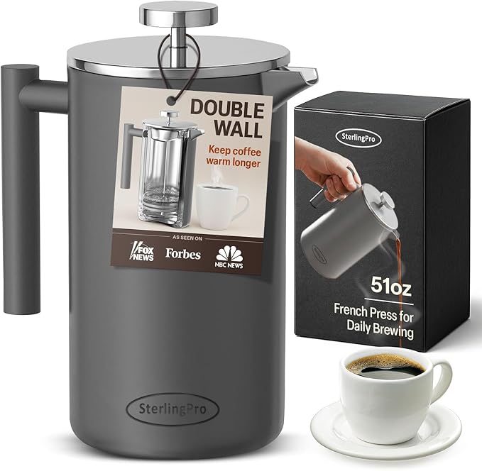 Stainless Steel French Press Coffee Maker Large 1.5 L(51 oz) Gray – Durable Double Walled Insulated Coffee Press Keeps Drinks Hot, Easy to Use and Clean Stylish Design for Rich Flavor