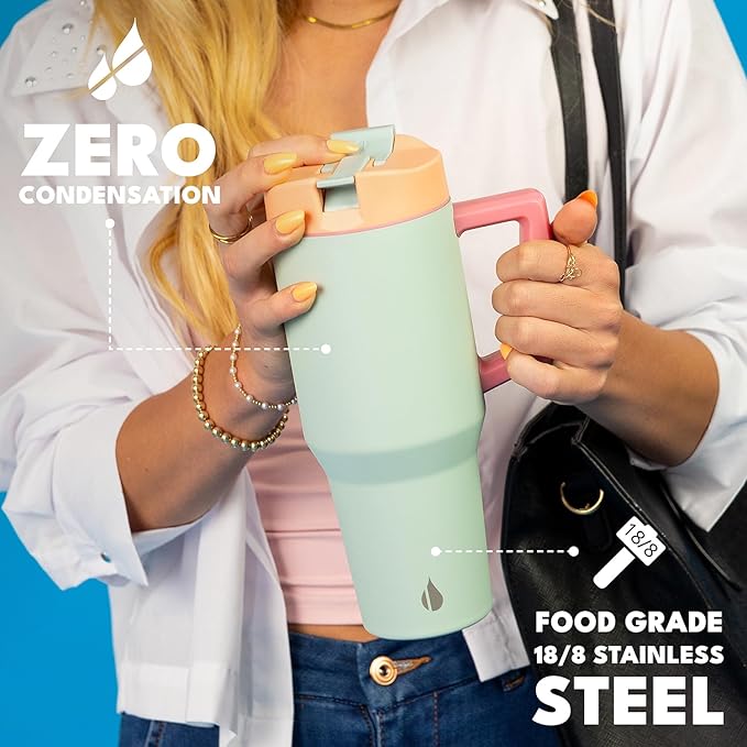 Elemental 32 oz 100% Leak Proof Tumbler with Handle & Straw - Stainless Steel Double Wall Insulated Tumbler for Hot and Cold Beverages - Travel Coffee Mug with Sip & Straw Lid - Mint Sorbet