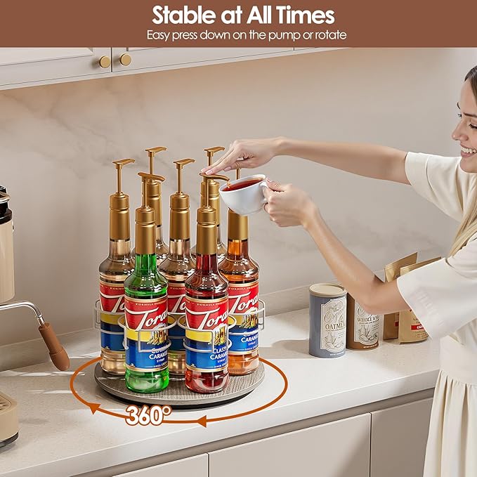 Rotating Coffee Syrup Organizer, 7 Bottles Coffee Syrup Rack for Countertop Syrup Bottle Holder Stand for Coffee Bar Station, Carbon Steel Frame with Wooden Base Coffee Bar Accessory, White