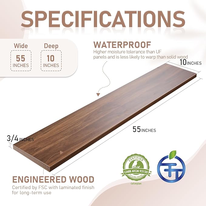 Kaboon 55 inch Long 10 inch Deep Floating Shelves for Wall Set of 2, Large Open Shelves Wall Mounted, Space Saving Home and Commercial Use, Dark Walnut