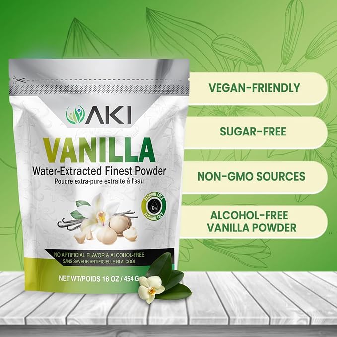 AKI Vanilla Extract Powder from Authentic Beans for Delicious Flavoring, Cooking, Baking, Drinks, Tea, Coffee, Smoothies, Cocktails - Sugar-Free & Alcohol-Free (454g/1lb)