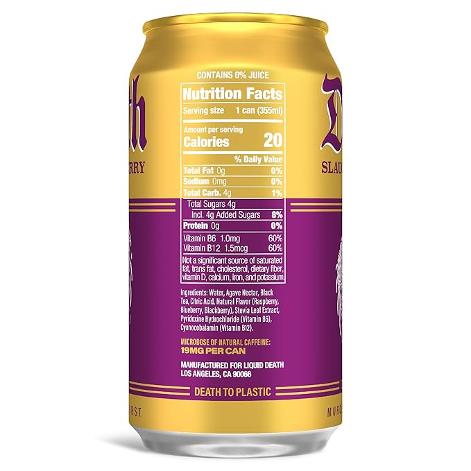 Liquid Death, Slaughter Berry Iced Tea, 12-Pack (12 oz Cans), Raspberry Flavored Black Tea, Low Calorie, No Artificial Sweeteners, B12 & B6 Vitamins