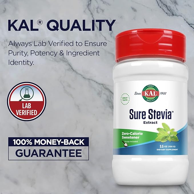 KAL Sure Stevia Extract Powder, Low Carb, Plant Based Stevia Sweetener, Great Taste, Zero Calories, Zero Sugar, Low Glycemic & Perfect for a Keto Diet, 60-Day Guarantee, Approx. 1820 Servings, 3.5oz