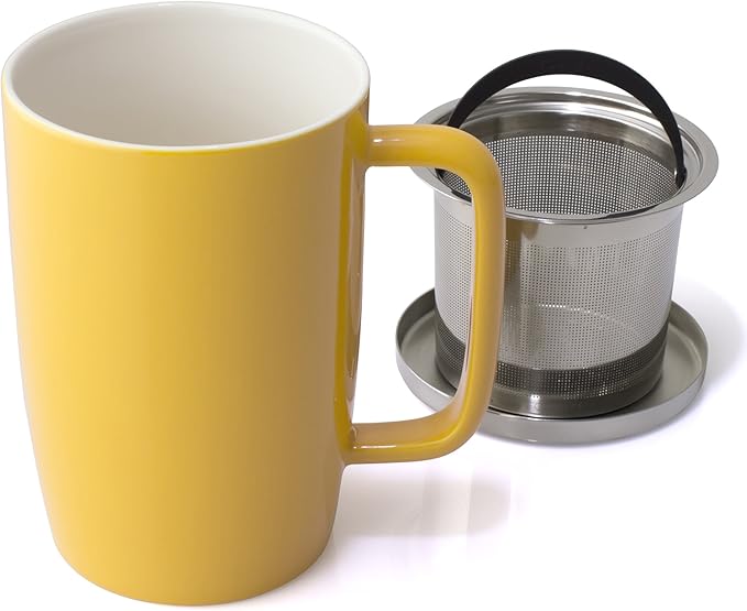 FORLIFE Dew Glossy Finish Brew-In-Mug with Basket Infuser & "Mirror" Stainless Lid 18 oz., Mandarin