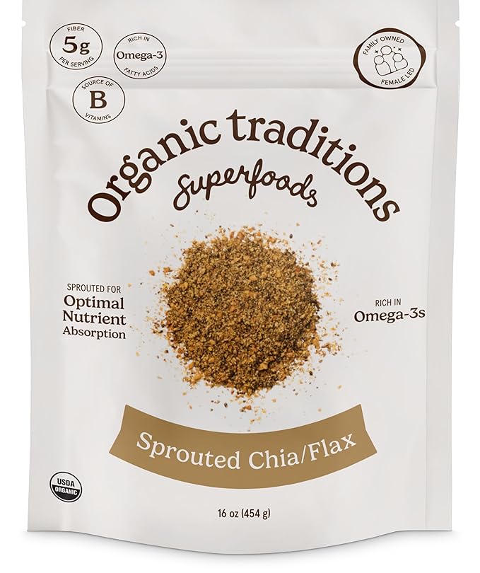 Organic Traditions Sprouted Chia and Flax Seed Powder Organic Chia and Organic Flax for Plant Based Non-GMO Superfood 454g/16oz Bag