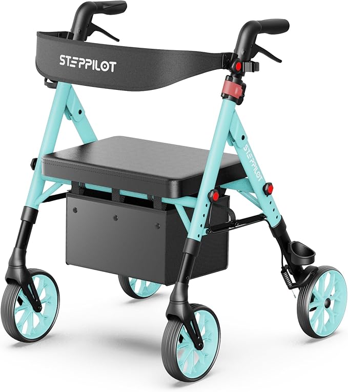 Foldable Aluminum Rollator Walkers with Cushion Seat for Senior, 16lbs Lightweight & 500 lbs Max Load, Adjustable 5-Level Seat Height & 6-Level Handles Height,8" Big Wheels,Dual Braking, Storage Bag