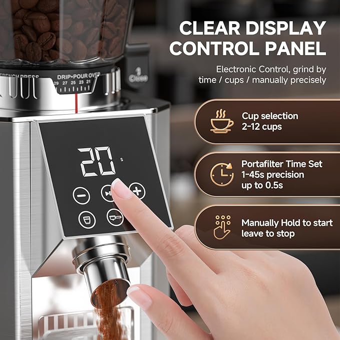 Burr Coffee Bean Grinder for Home Use with 45 Precise Grinding Settings, Espresso Grinder with Height Adjustable Funnel Stand, LED Touch Panel, Anti-static Design, Memory Mode User Friendly