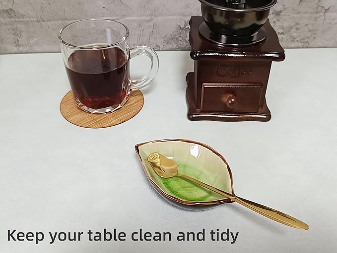 Coffee Spoon and Rest for Coffee Bar Accessories, Ice Cracks Leaf Small Spoon Rest for Coffee Station, Tea Spoon Rest Tea Spoon Holder Teaspoon Rest, 1 PC (Ice Cracks Grass green with Gold Rose Spoon)
