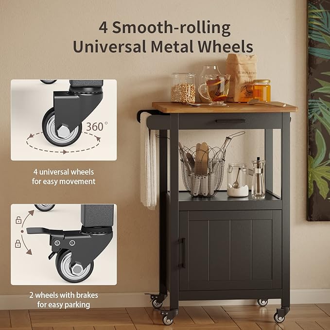 Kitchen Island on Wheels with Drawer, Storage Cabinet, Shelf and Side Hook, Rolling Kitchen Cart with Rubber Wood Countertop, Microwave Cart for Small Space, Black