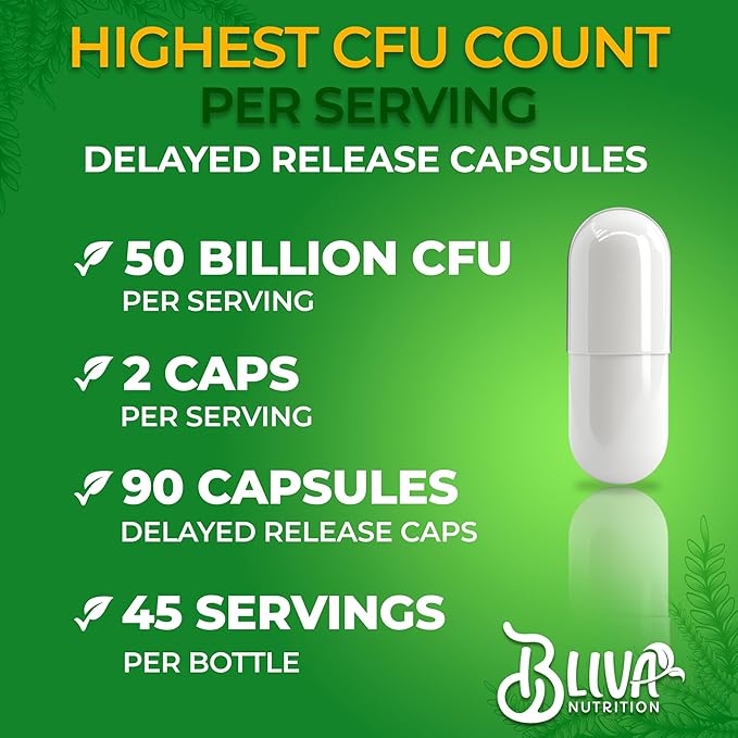 BLIVA Lactobacillus Reuteri Capsules – L Reuteri - 50 Billion CFU per Serving - Highest CFU Count L Reuteri Supplement - 90 Capsules