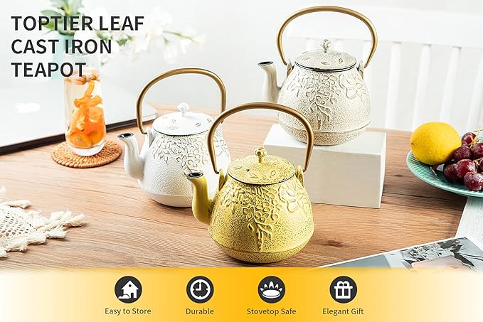 Tea Kettle, TOPTIER Japanese Cast Iron Teapot with Infuser for Loose Leaf and Tea Bags, Stovetop Safe Cast Iron Tea Kettle Coated with Enameled Interior for 40 oz (1200 ml), Creamy White