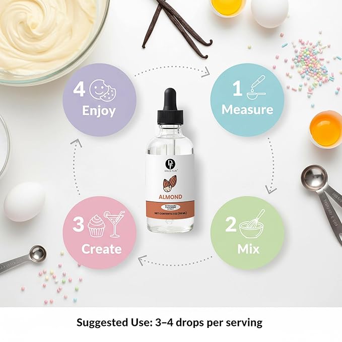 Dolce Flav Natural Almond Extract – 2 Ounce Water-Soluble Kosher, Sugar-Free, Concentrated Pure Almond Flavoring for Baking, Pastries & Beverages, Includes Measured Dropper