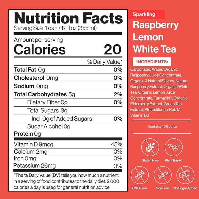 Happy Being Sparkling Nutrient-Rich Raspberry Lemonade White Tea – Infused with Turmeric, Elderberry, Vitamin D3, Caffeine Free, Plant-Based, Low Calorie & Low Sugar Drinks, 12oz (16 Pack)
