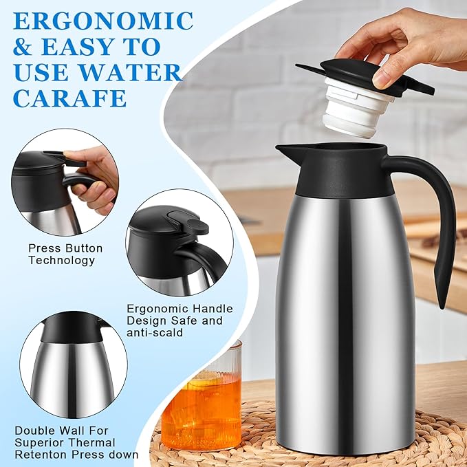 Uiifan 2 Pcs 68oz Thermal Coffee Carafe Insulated Stainless Steel Thermal Coffee Carafe Double Walled Vacuum Flask Carafes with Brushes for Keeping Tea for 12 Hours(Silver)
