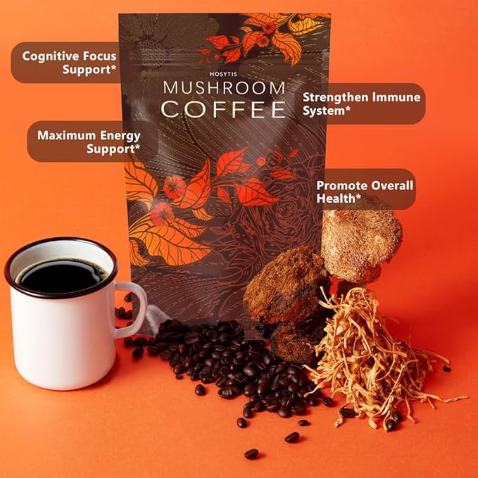 Mushroom Coffee With Lion's Mane, Reishi, Cordyceps, Shiitake, King Trumpet & Turkey Tail Everyday Dose (30 Servings) Premium Instant Coffee for Better Focus, Energy（6.35 Ounce Pack of 180g）