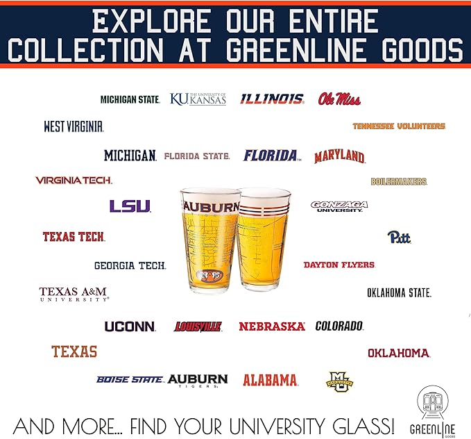 Greenline Goods – University of Auburn Tigers College Pint Beer Glasses (Set of 2), 16 oz – Full-Color Logo + Campus Map