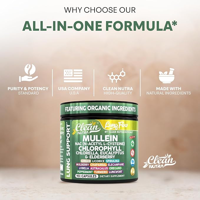 Clean Nutra Mullein Leaf Extract for Lungs Cleanse NAC Supplement Chlorophyll Chlorella Elderberry | Lung Detox for Smokers | Ginger Licorice Astragalus Oregano Turmeric Respiratory Support Capsules