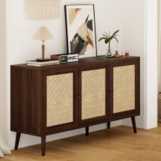 47.2" Buffet Cabinet with Storage Accent Sideboard, Modern Kitchen Cabinet with Rattan Doors, Wood Coffee Bar Table Console for Kitchen Living Room Entryway, Walnut