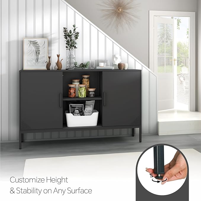 Metal TV Cabinet with Doors and Shelves Modern Metal Storage Cabinet Coffee Bar TV Stand 2 Door Locker for Office Living Room Kitchen (Black, 47.24" D x 13.78" W x 29.53" H)