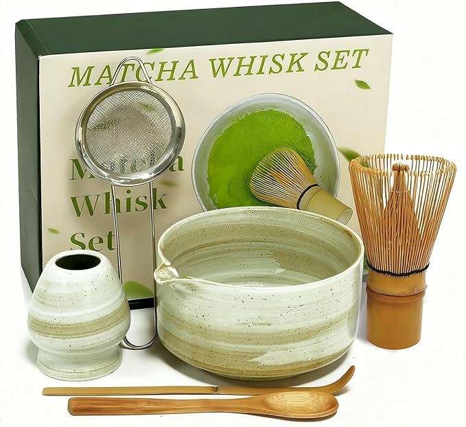 Matcha Whisk Set, Matcha Set, 6 Pieces, with Bamboo Whisk, Ceramic Bowl & Sifter Complete Matcha kit Tea Includes Scoop & Spout Bowl, Traditional Japanese Tea Accessories for Home (set of 6)