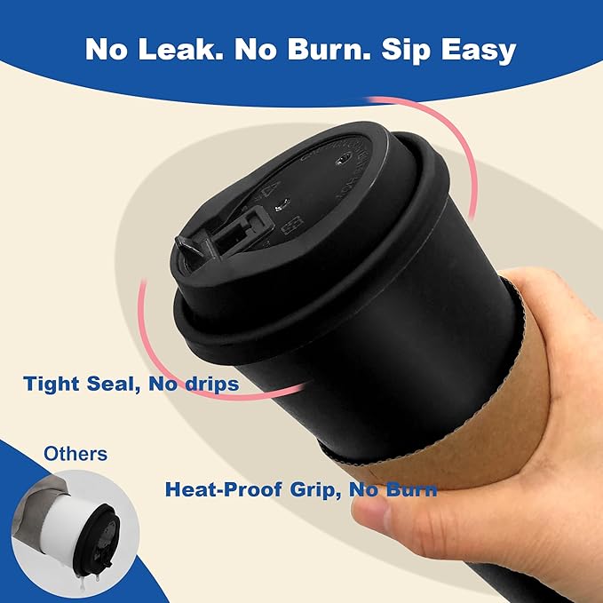 16 oz Coffee Cups + 16 Extra Cups Bulk Disposable To-Go Paper Cups with Lids and Sleeves for Hot Beverage, Chocolate, Cocoa, Office Supplies, Coffee Bar Accessories (100 Pack + 16 Extra Cups, Black)