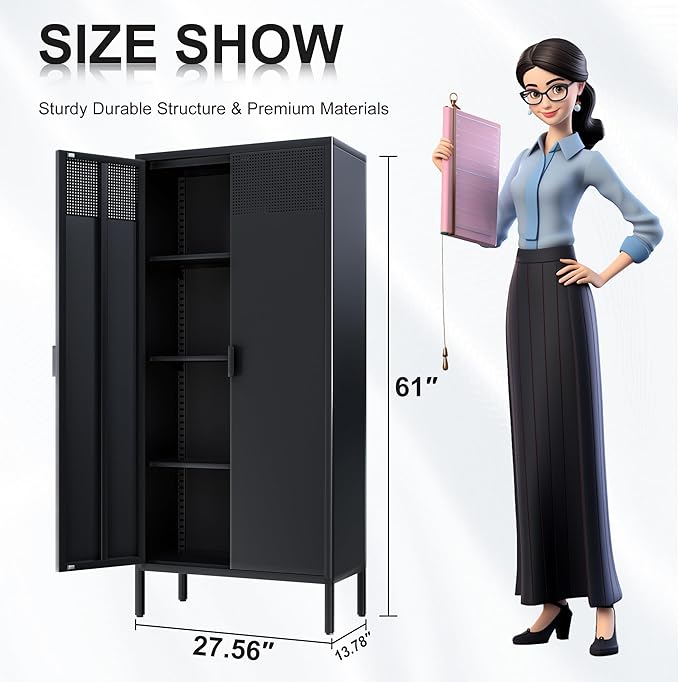 Metal Storage Cabinet with 2 Doors and 3 Adjustable Shelve,61" Black Kitchen Pantry Storage,Office Steel Cabinets Locker for Kitchen,Living Room,Dining Room,Home,Office