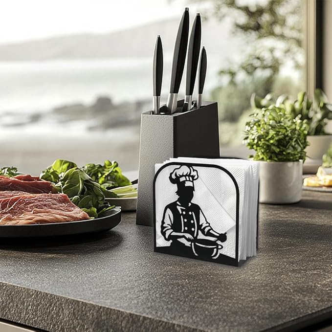 Chef Decorative Black Metal Napkin Holder for Table, 4.9" x 5.1" x 2" Cooking Standing Napkin Holder for Home Kitchen Restaurant Picnic Party Coffee Bar Dining Room