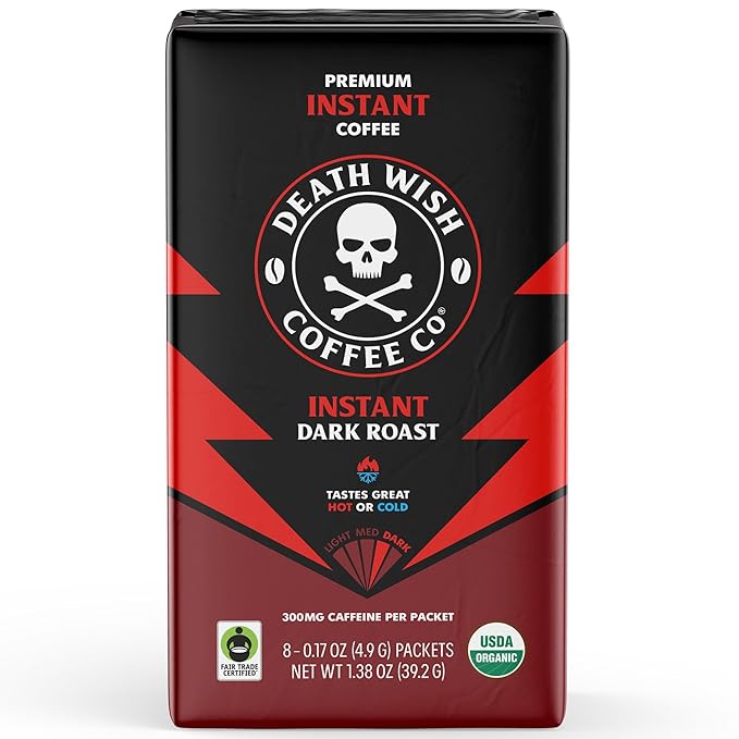 Death Wish Coffee Instant Dark Roast Coffee Packets, Bold & Intense Blend of Arabica & Robusta Beans, USDA Organic, 64 Count