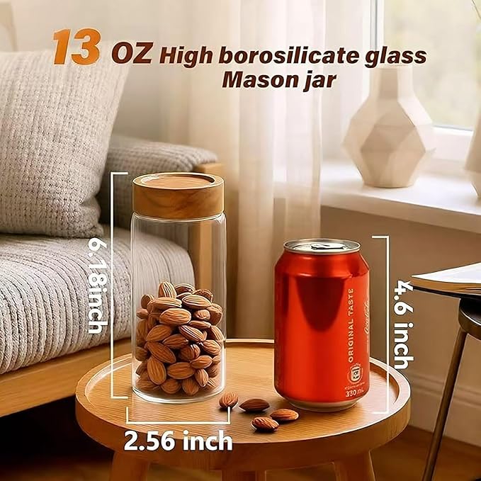 2-Pack 13 oz Glass Mason Jars with Acacia Wood Lids - Sealable, Leakproof, Clear & Stackable Food Storage Containers for Overnight Oats, Meal Prep, Flour, Sugar & Rice Storage