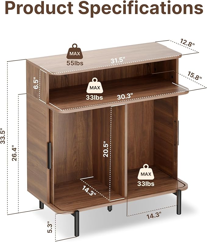 SUNCOZE Fluted Storage Cabinet with Sliding Tambour Doors, Sideboard Buffet Cabinet with Storage, Modern Accent Coffee Bar for Kitchen, Entryway, Living & Dining Room (Walnut)