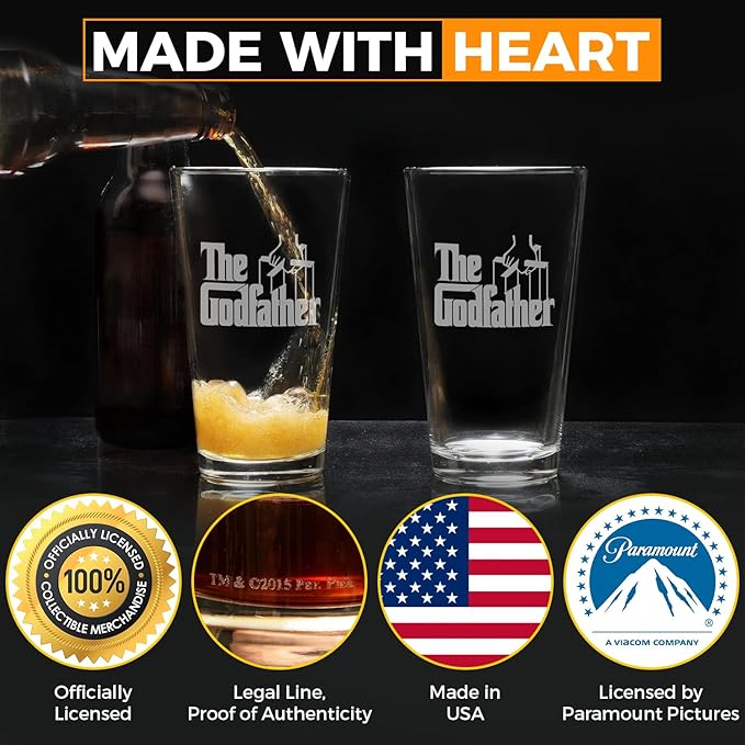 The Godfather Etched Pint Beer Glass - Officially Licensed, Premium Quality, Handcrafted Glassware, 16oz. Set of 4 - Perfect Collectible Gift for Movie Lovers, Birthdays & Special Occasions