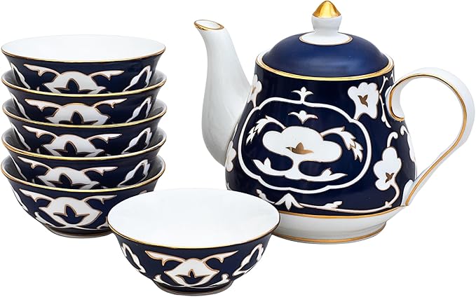 Blue and White Tea Set - 28 oz. Bone China Teapot and 6 oz. Tea Cups with White Vintage Design - Elegant Tea Serving Set for Kitchen and Gift for Women, Men, Adults and Tea Lovers
