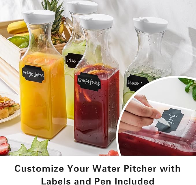 50 Oz Water Carafe with Lids, Square Plastic Pitcher for Mimosa Bar, Drinks, Milk, Iced Tea, Juice Container for Fridge, BPA-Free, NOT DISHWASHER SAFE (8 Pack)