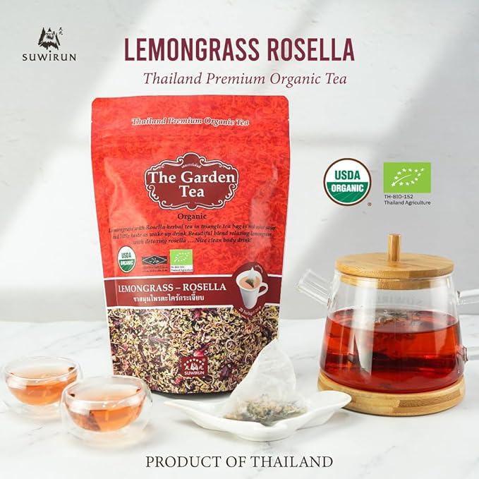 Suwirun Organic Lemongrass & Roselle Tea 25 Bags – Product of Thailand – Tangy Hibiscus & Citrus Herbal Blend, Caffeine-Free, No Calories, Naturally Sweet & Refreshing
