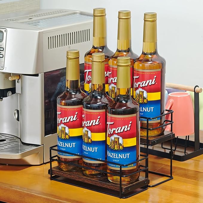 6 Bottle Coffee Syrup Rack Organizer 2 Tier Syrup Holder Stand for Coffee Bar Syrup Storage Shelves for Bar Family Storage Small Wine Rack for Syrup Wine Dressing